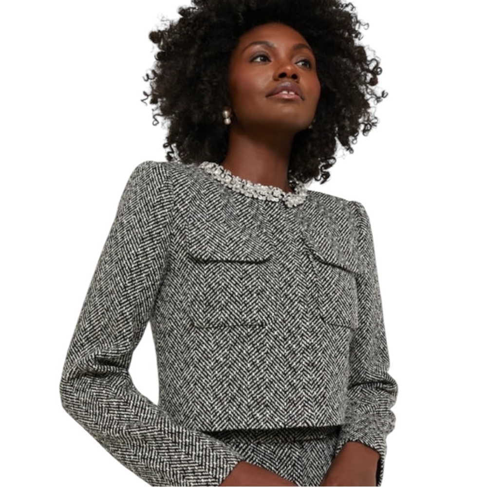 NWT Self-Portrait Black Herringbone Embellished Jacket 8